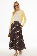 Brown Polka Dot Printed Waisted Maxi Skirt