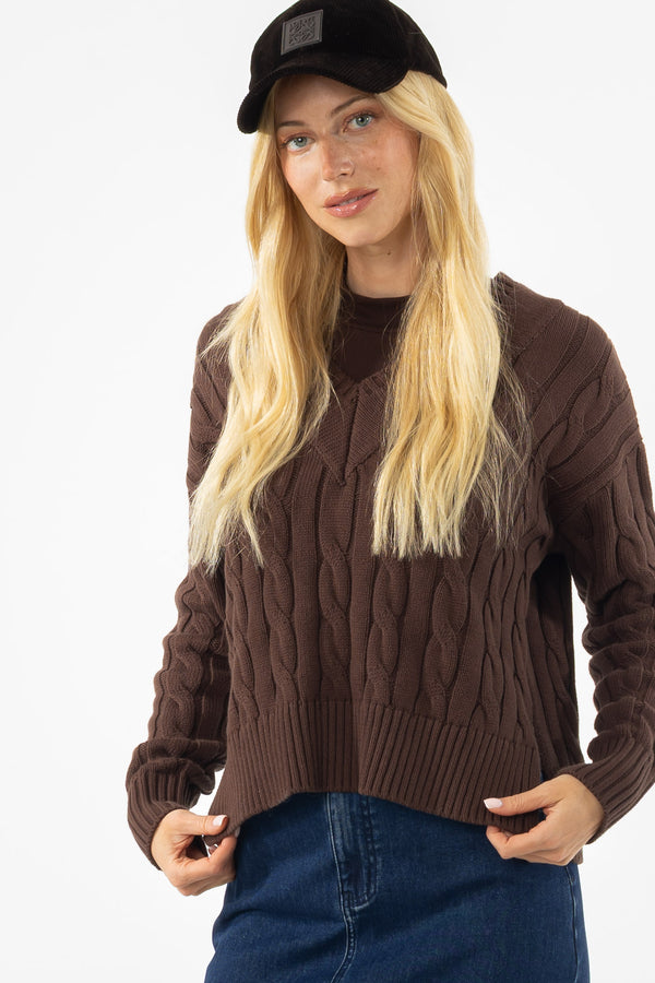 Brown V-Neck Cable Knit Sweater