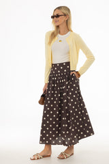Brown Polka Dot Printed Waisted Maxi Skirt