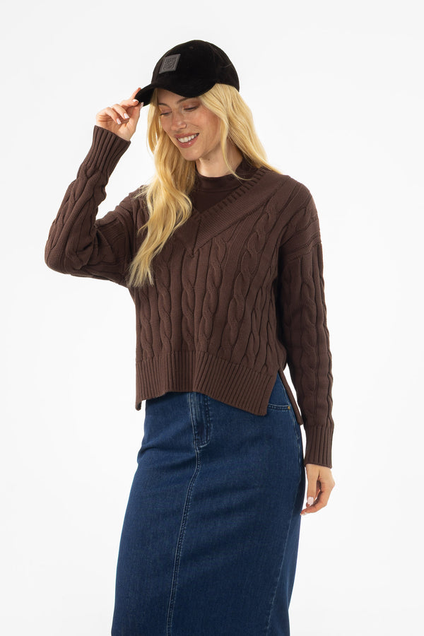 Brown V-Neck Cable Knit Sweater