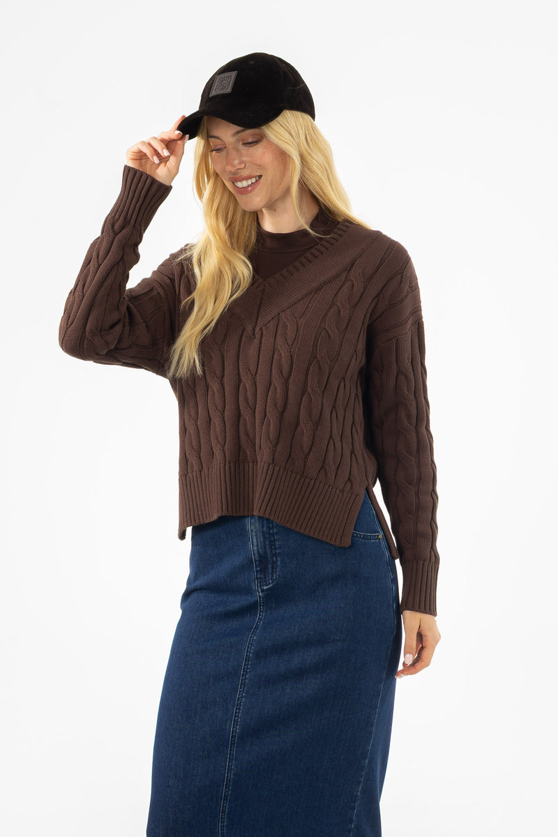 Brown V-Neck Cable Knit Sweater