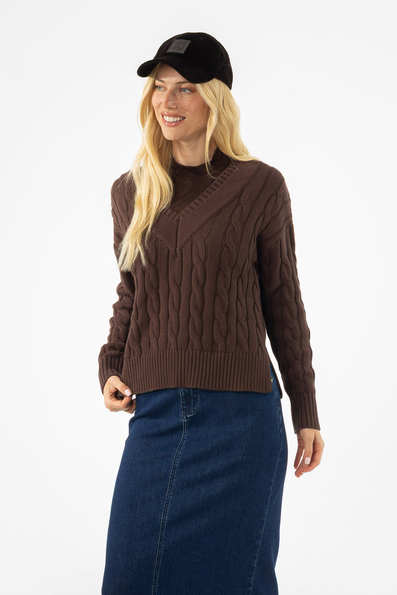 Brown V-Neck Cable Knit Sweater