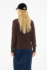 Brown V-Neck Cable Knit Sweater
