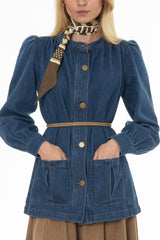 Blue Gathered Sleeve Denim Jacket