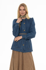 Blue Gathered Sleeve Denim Jacket
