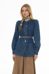 Blue Gathered Sleeve Denim Jacket