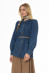 Blue Gathered Sleeve Denim Jacket