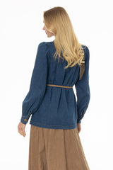Blue Gathered Sleeve Denim Jacket