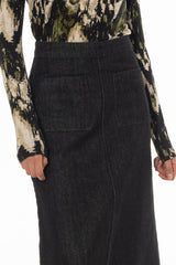 Black Denim Patch Pocket Midi Skirt