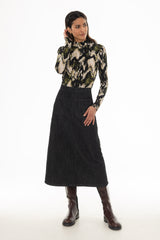Black Denim Patch Pocket Midi Skirt