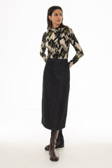 Black Denim Patch Pocket Midi Skirt