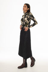 Black Denim Patch Pocket Midi Skirt