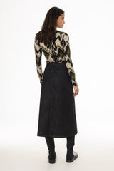 Black Denim Patch Pocket Midi Skirt