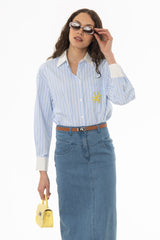 Blue Striped Embroidered Blouse