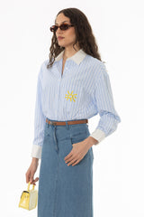 Blue Striped Embroidered Blouse