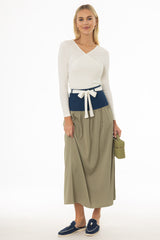 Olive Denim Combo Maxi Skirt