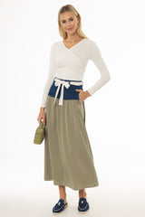 Olive Denim Combo Maxi Skirt