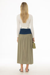 Olive Denim Combo Maxi Skirt