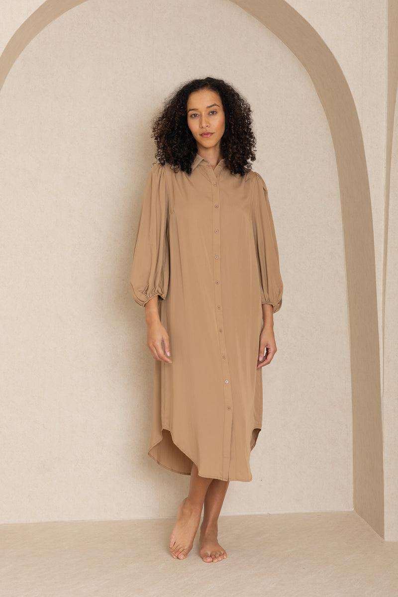 Neutral Bubble Sleeve Shirt Dress