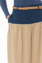 Tan Denim Combo Maxi Skirt