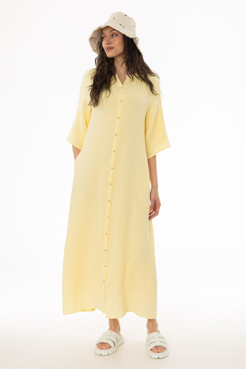 yellow flare sleeve dress Yellow Gauze Flare Sleeve Maxi Dress – BLANK