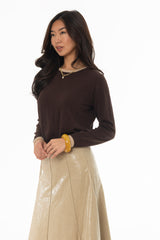 Brown Contrast Neck Thin Knit Sweater