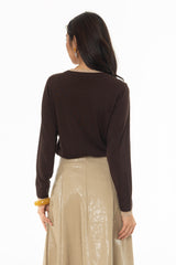 Brown Contrast Neck Thin Knit Sweater