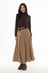 Tan Corduroy Paneled Flare Maxi Skirt