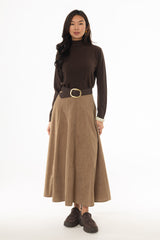 Tan Corduroy Paneled Flare Maxi Skirt