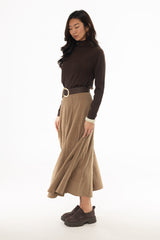 Tan Corduroy Paneled Flare Maxi Skirt