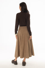 Tan Corduroy Paneled Flare Maxi Skirt