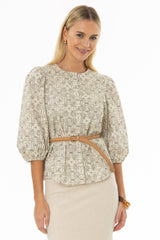 Black Print Puff Sleeve Button Down Blouse