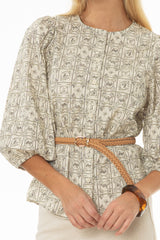 Black Print Puff Sleeve Button Down Blouse