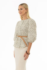 Black Print Puff Sleeve Button Down Blouse