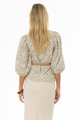 Black Print Puff Sleeve Button Down Blouse