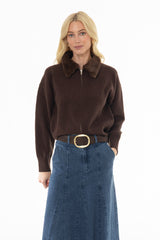 Brown Fur Collar Zipper Sweater