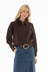 Brown Fur Collar Zipper Sweater