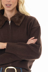 Brown Fur Collar Zipper Sweater