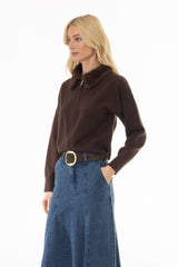 Brown Fur Collar Zipper Sweater