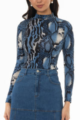 Blue Animal Printed Mock Neck Top