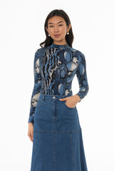 Blue Animal Printed Mock Neck Top