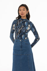 Blue Animal Printed Mock Neck Top