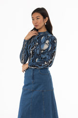 Blue Animal Printed Mock Neck Top