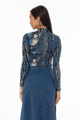 Blue Animal Printed Mock Neck Top