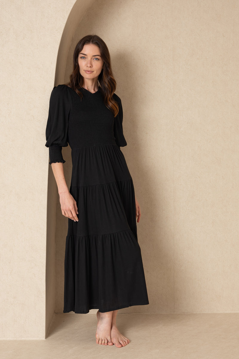 Black Smocked Maxi Dress