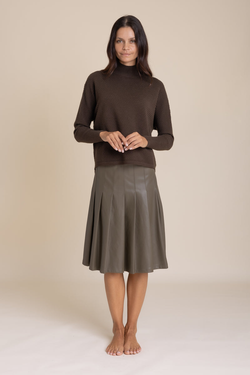 Olive Pleated Leather Skirt