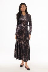 Black Marble Wrap Velour Maxi Dress