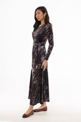Black Marble Wrap Velour Maxi Dress