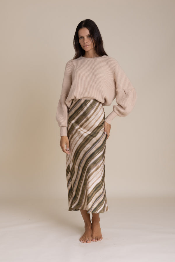 Brown And Olive Striped Slip Skirt