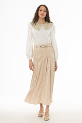Tan Pleated Satin Maxi Skirt